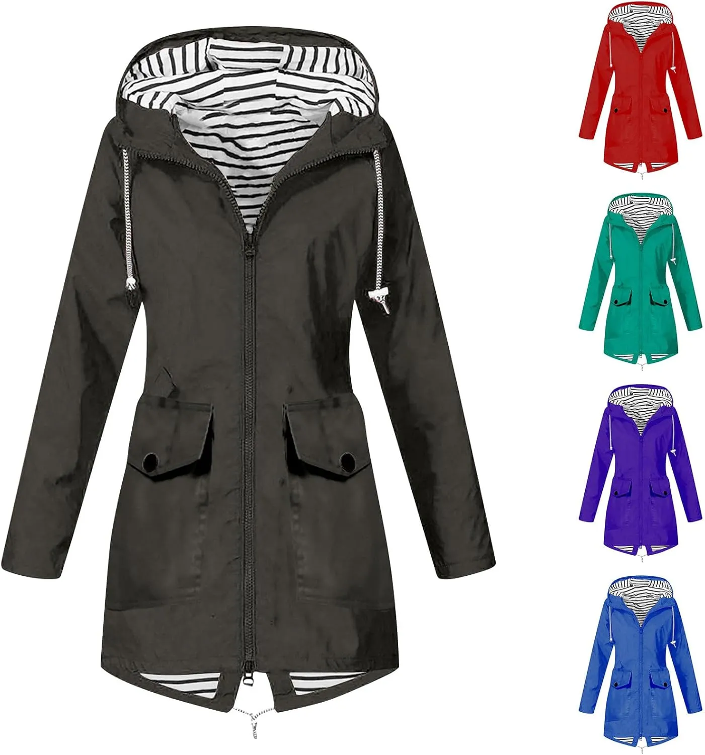 Rain Coats for Women Waterproof Hiking Rain Jacket Lightweight Long Sleeve Striped Hooded Trench Coat 2024, Black