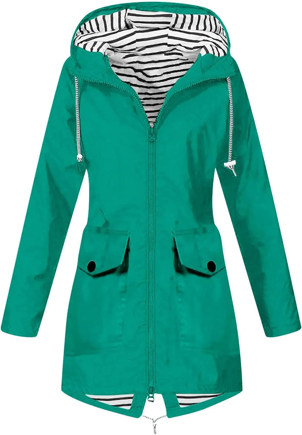 Rain Coats for Women Waterproof Hiking Rain Jacket Lightweight Long Sleeve Striped Hooded Trench Coat 2024, Black
