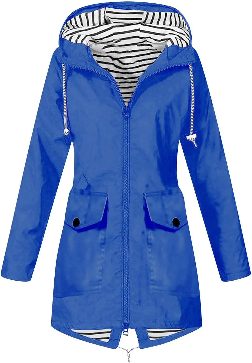 Rain Coats for Women Waterproof Hiking Rain Jacket Lightweight Long Sleeve Striped Hooded Trench Coat 2024, Black