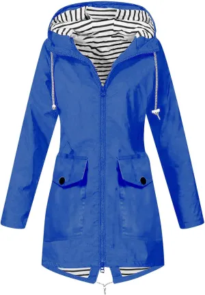 Rain Coats for Women Waterproof Hiking Rain Jacket Lightweight Long Sleeve Striped Hooded Trench Coat 2024, Black