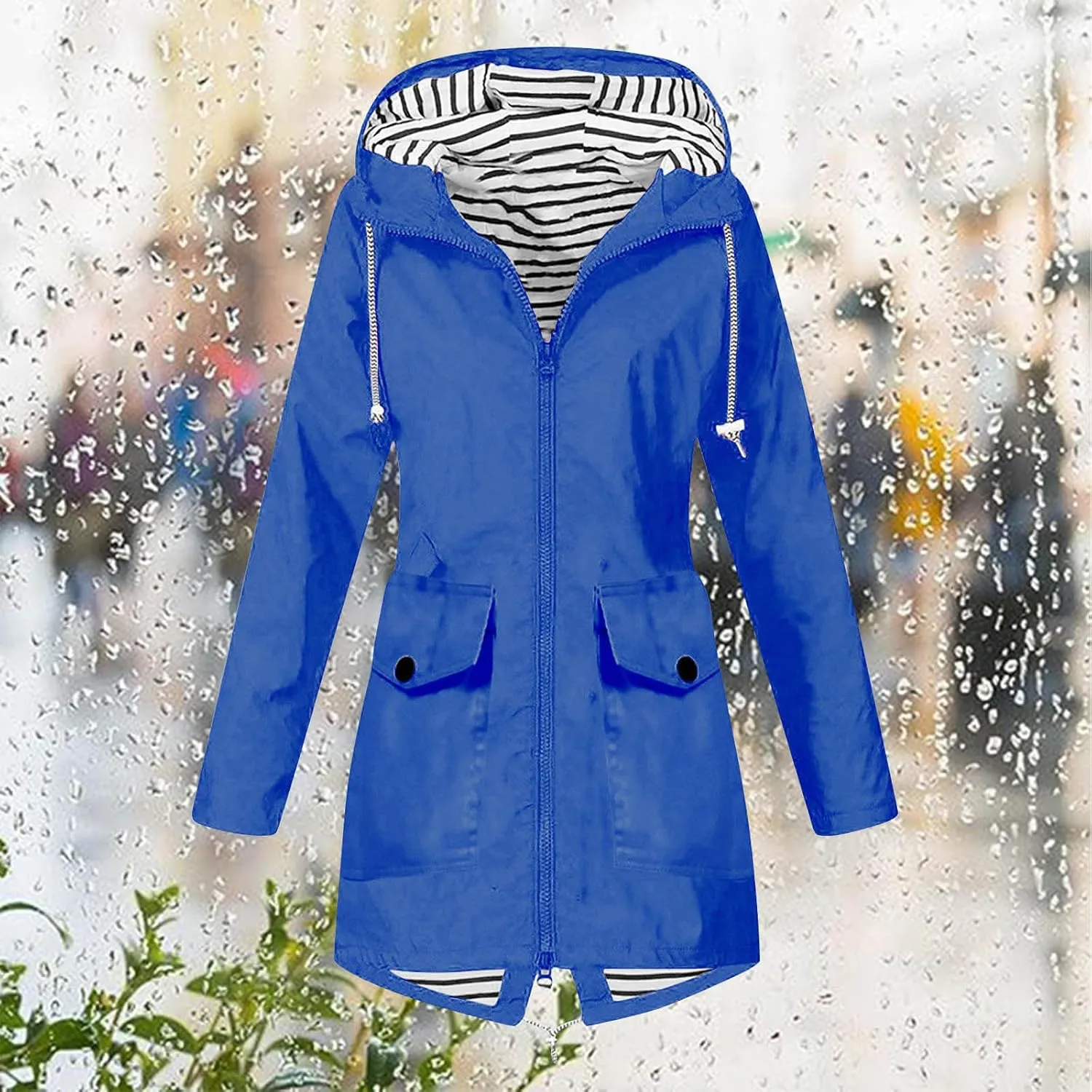 Rain Coats for Women Waterproof Hiking Rain Jacket Lightweight Long Sleeve Striped Hooded Trench Coat 2024, Black