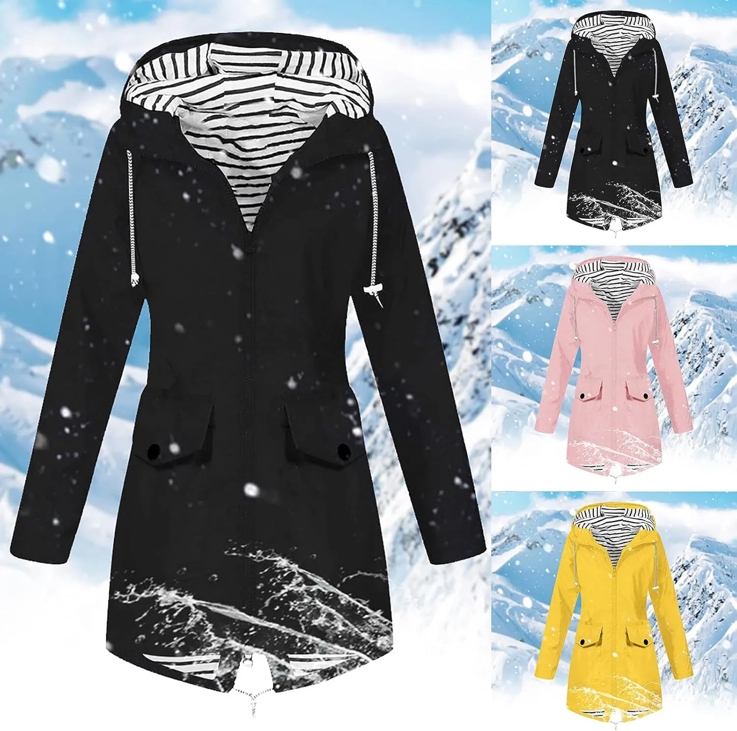 Rain Jacket Women Waterproof Long Hooded Rain Coats Striped Lined Trench Coats Hiking Travel Windbreaker 2024