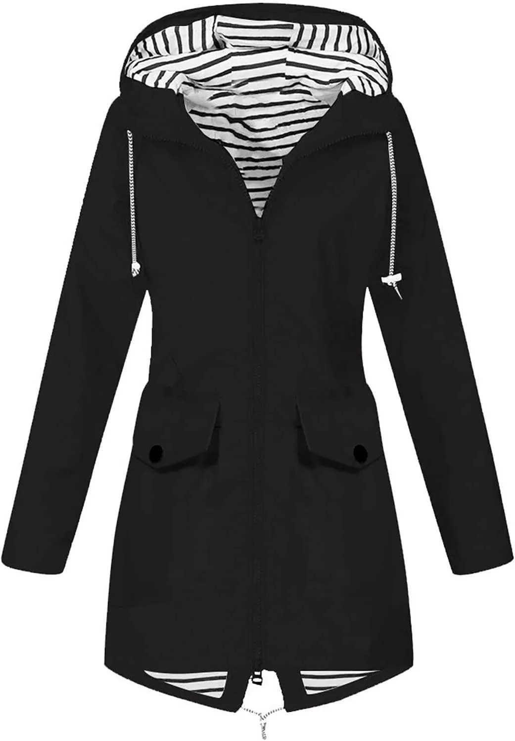 Rain Jacket Women Waterproof Long Hooded Rain Coats Striped Lined Trench Coats Hiking Travel Windbreaker 2024