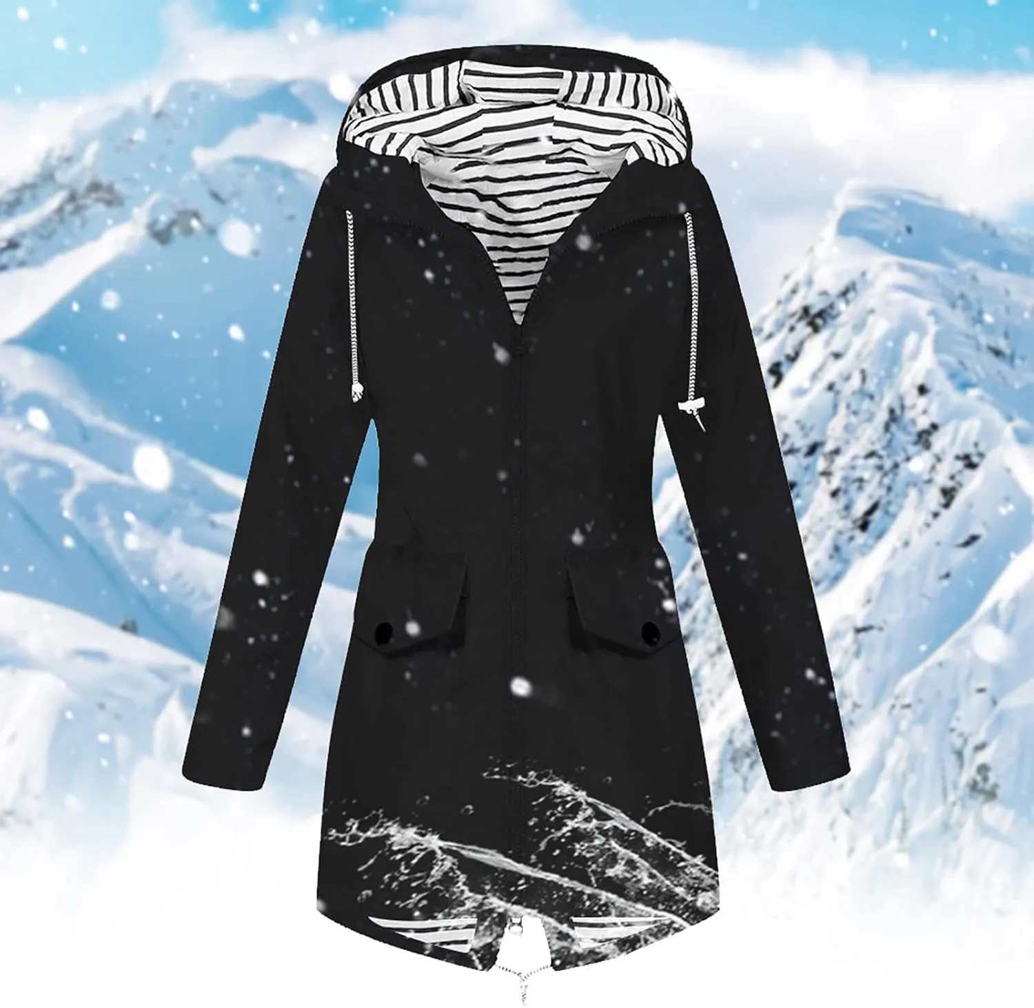 Rain Jacket Women Waterproof Long Hooded Rain Coats Striped Lined Trench Coats Hiking Travel Windbreaker 2024
