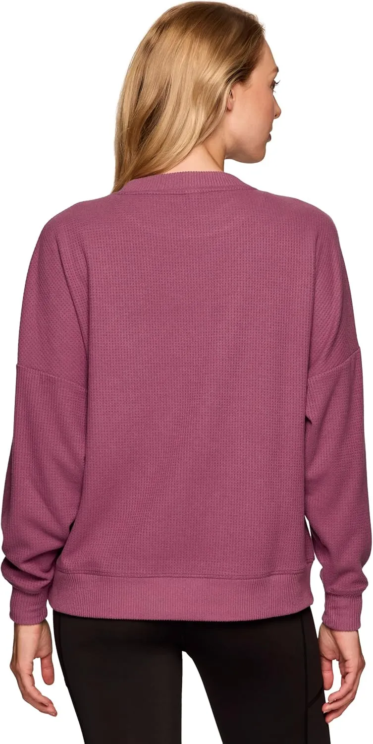 RBX Active Women's Waffle Knit Top in Regular and Plus Sizes, Long Sleeve Waffle Sweatshirt Relaxed Fit Crewneck Sweater