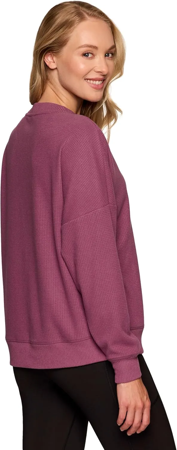 RBX Active Women's Waffle Knit Top in Regular and Plus Sizes, Long Sleeve Waffle Sweatshirt Relaxed Fit Crewneck Sweater