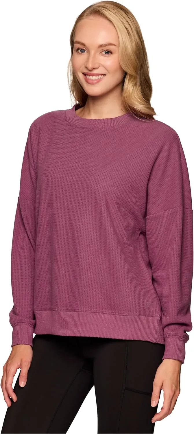 RBX Active Women's Waffle Knit Top in Regular and Plus Sizes, Long Sleeve Waffle Sweatshirt Relaxed Fit Crewneck Sweater