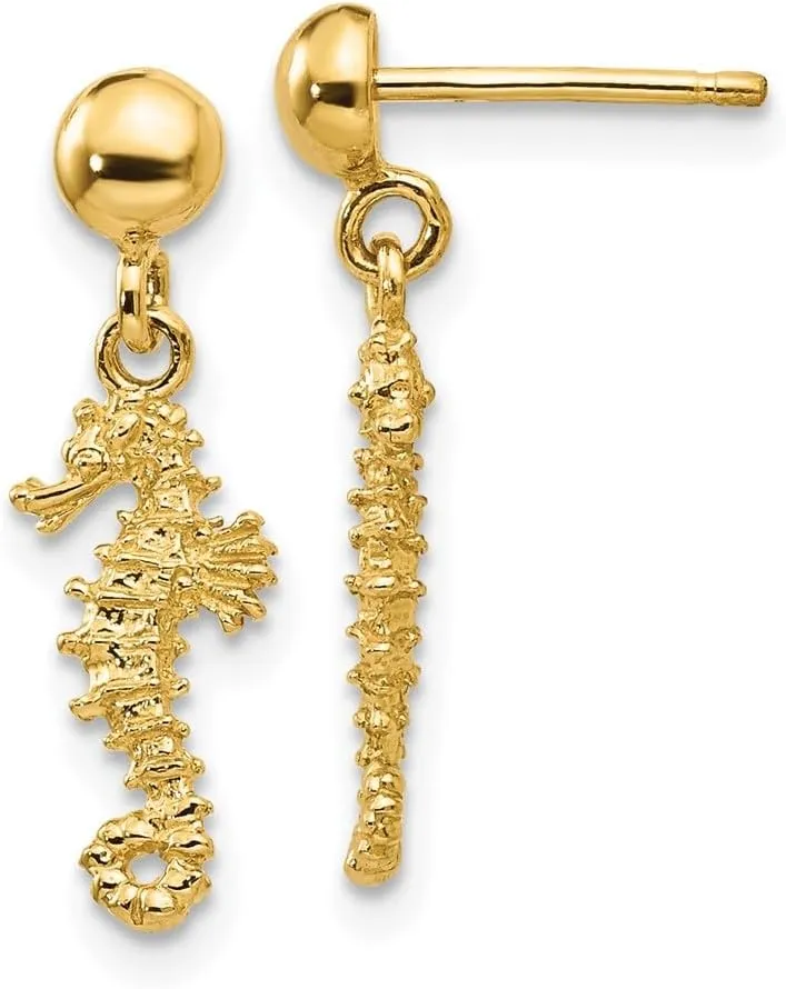Real 14k Yellow Gold 3-D Mini Seahorse Dangle Studs Post Earrings - 20mm x 6mm