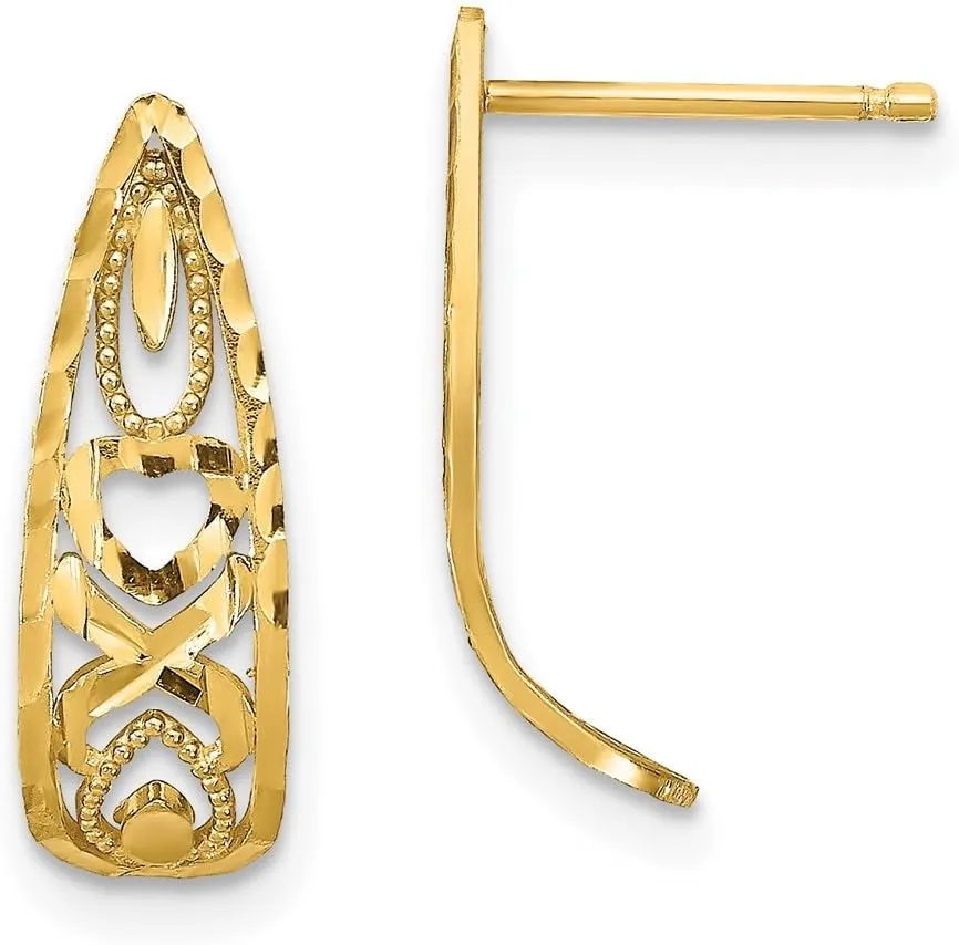 Real 14k Yellow Gold Diamond-Cut Heart X Mini Studs Post Earring - 16mm x 6mm