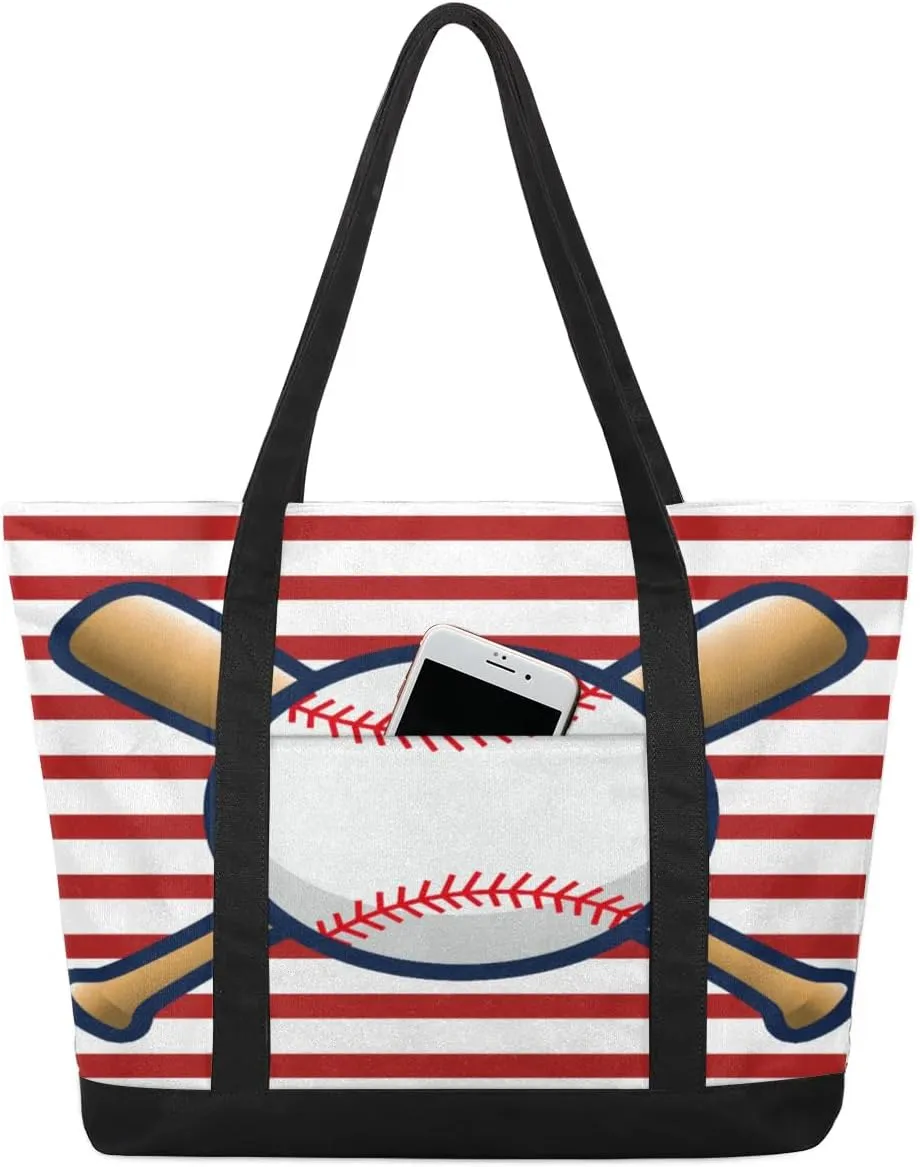 Red Striped Baseball Tote Bag for Women Work Canvas Travel Tote Bags with Zipper Large Capacity Casual Handbag with Inner Pockets Reusable Shopping Shoulder Bag for Teacher Nurse