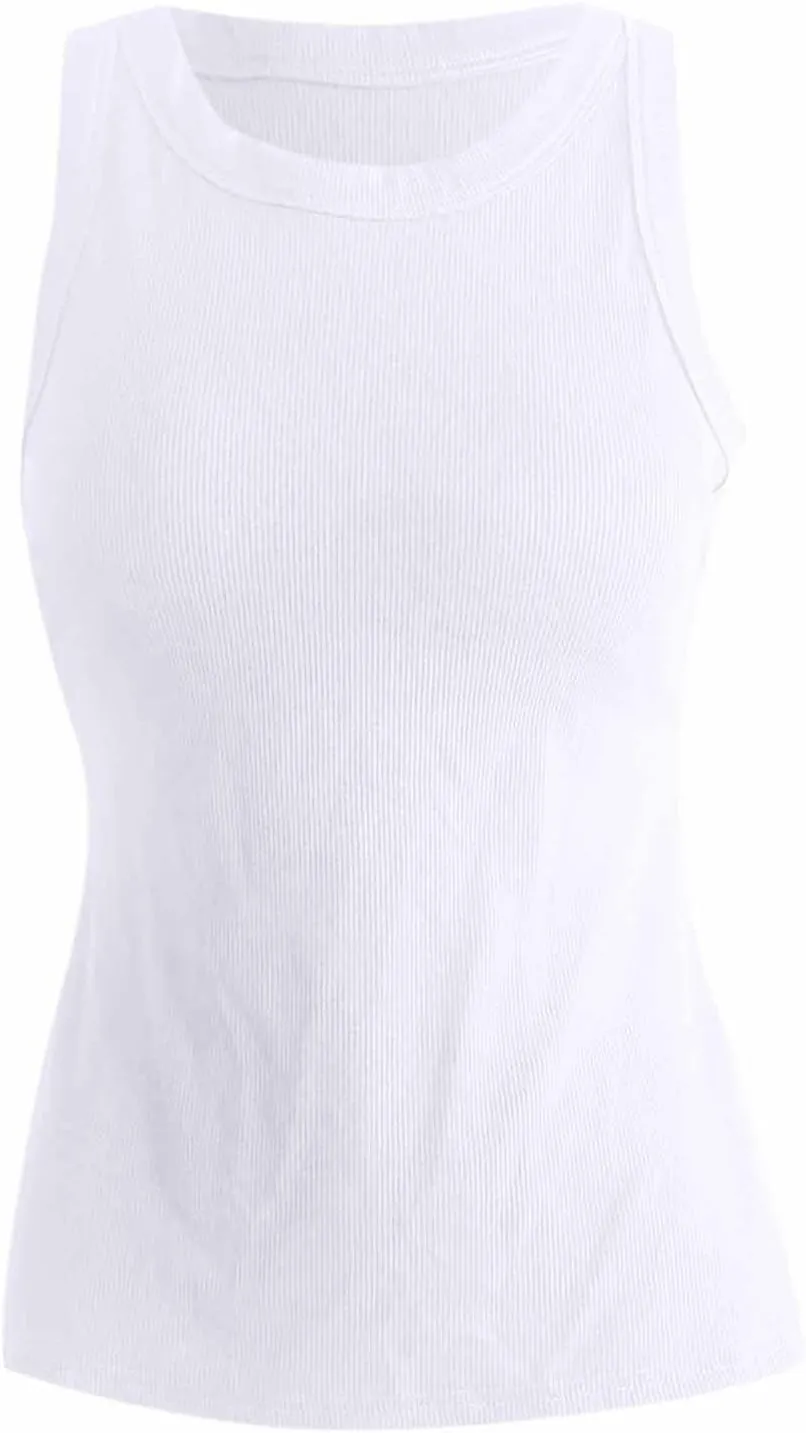 Ribbed Tank Tops for Women Built in Bra High Neck Racerback Shelf Bra Summer Cami Yoga Shirts Sleeveless Undershirt