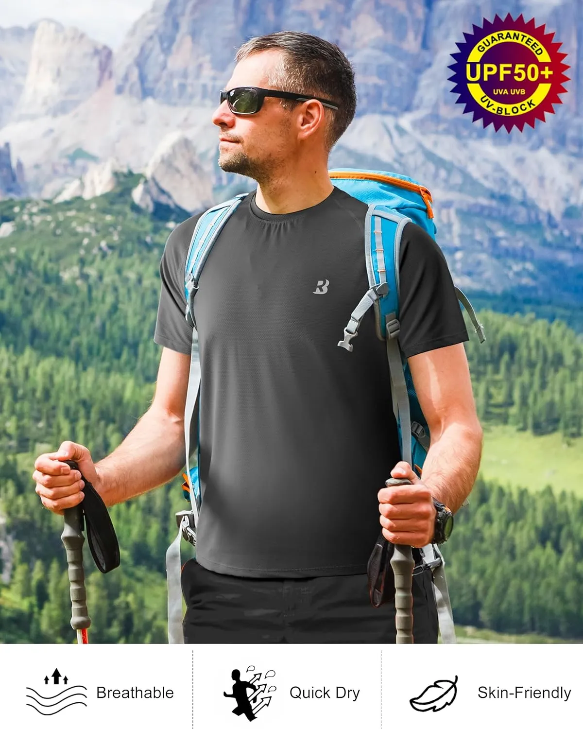 Roadbox Men's Rash Guard Short Sleeve, UPF 50  UV Sun Protection Water T-Shirts, Cool Dry Swim Shirts for Surf Beach Fishing