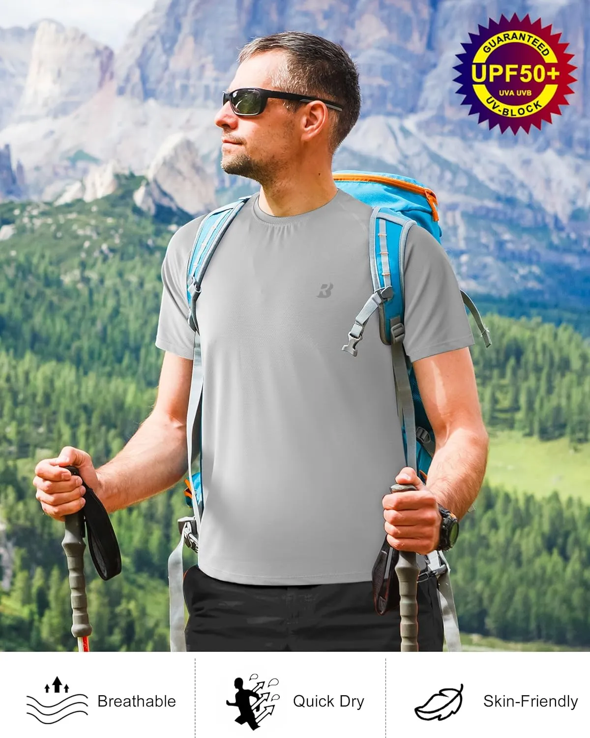 Roadbox Men's Rash Guard Short Sleeve, UPF 50  UV Sun Protection Water T-Shirts, Cool Dry Swim Shirts for Surf Beach Fishing