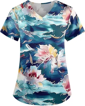 Scrubs for Women Short Sleeve V Neck Print Tops Nursing Working Uniform T-Shirts Casual Caregiver Top