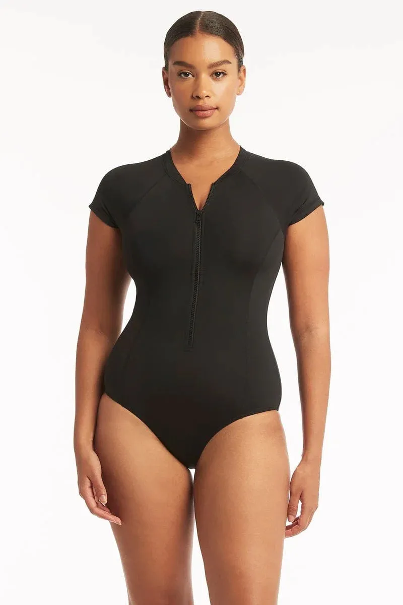 Sea Level Essentials Short Sleeve Multifit One Piece in Black