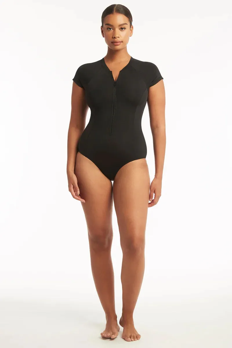 Sea Level Essentials Short Sleeve Multifit One Piece in Black