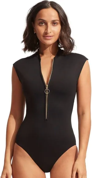 Seafolly Women's Standard Cap Sleeve Zip Front One Piece Swimsuit
