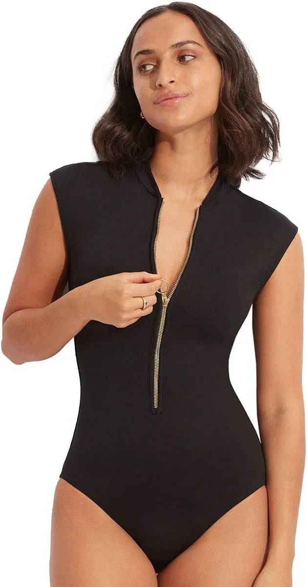 Seafolly Women's Standard Cap Sleeve Zip Front One Piece Swimsuit