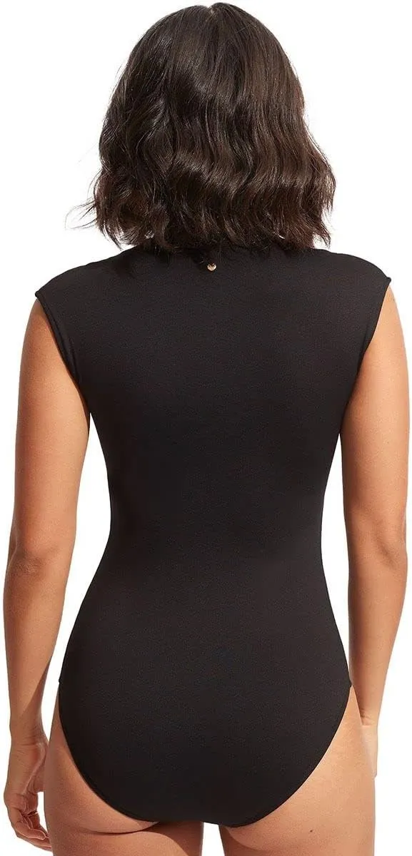 Seafolly Women's Standard Cap Sleeve Zip Front One Piece Swimsuit