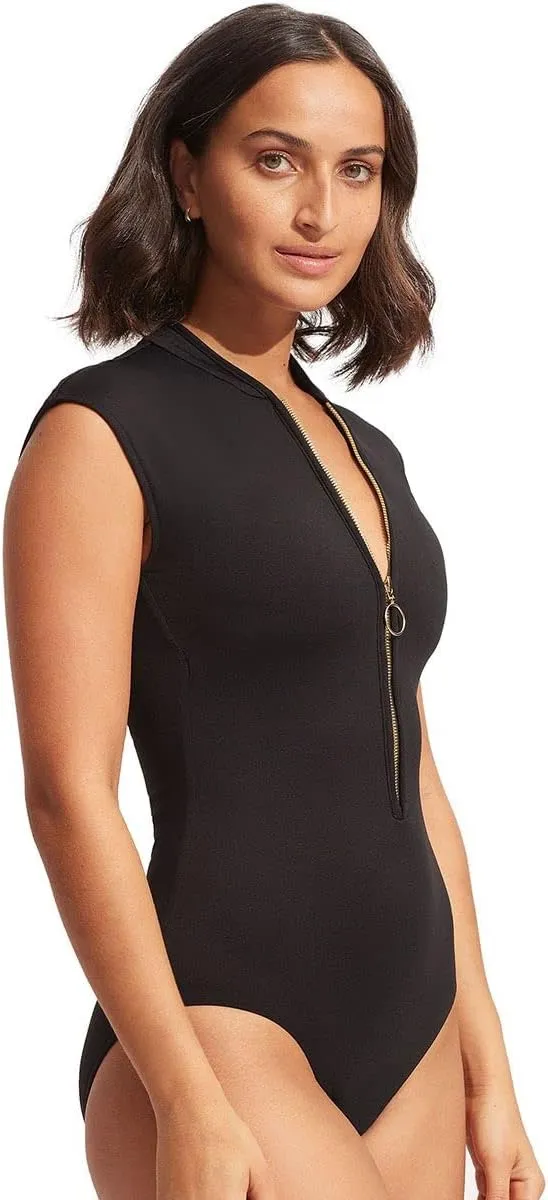 Seafolly Women's Standard Cap Sleeve Zip Front One Piece Swimsuit