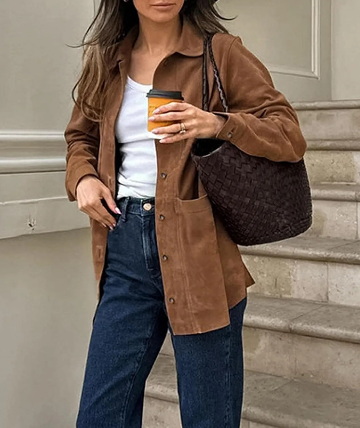 Sexyshine Women's Faux Suede Leather Jacket Lapel Long Sleeve Button Down Boyfriend Midi Length Shacket Coat