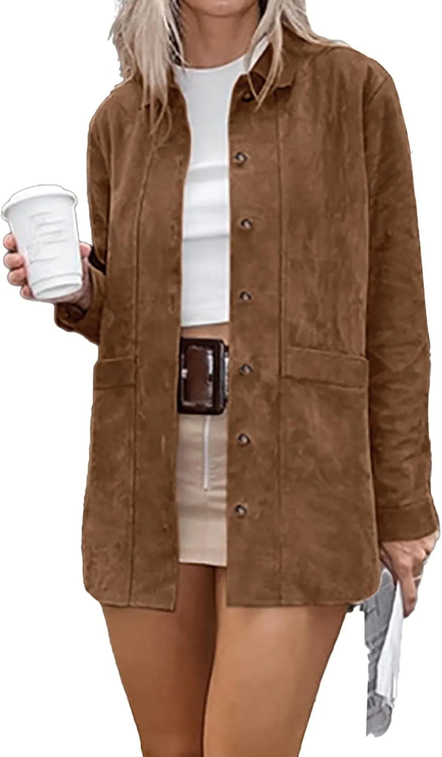 Sexyshine Women's Faux Suede Leather Jacket Lapel Long Sleeve Button Down Boyfriend Midi Length Shacket Coat