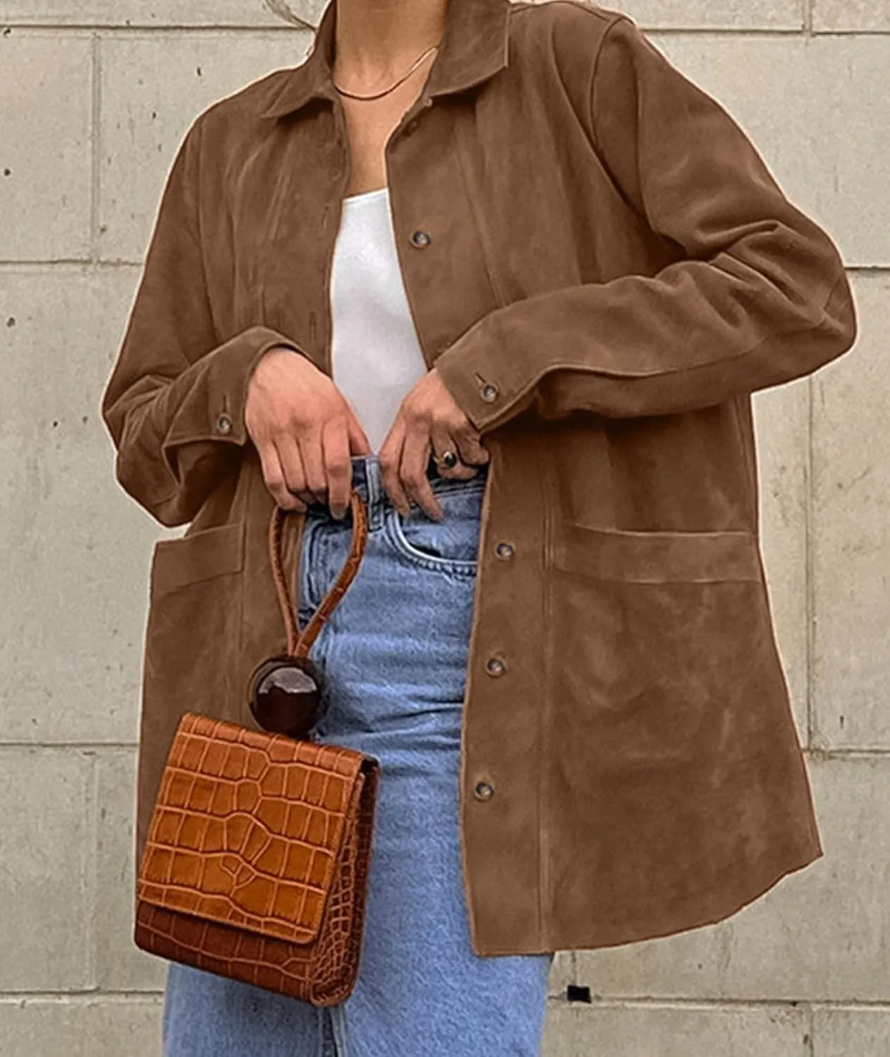 Sexyshine Women's Faux Suede Leather Jacket Lapel Long Sleeve Button Down Boyfriend Midi Length Shacket Coat