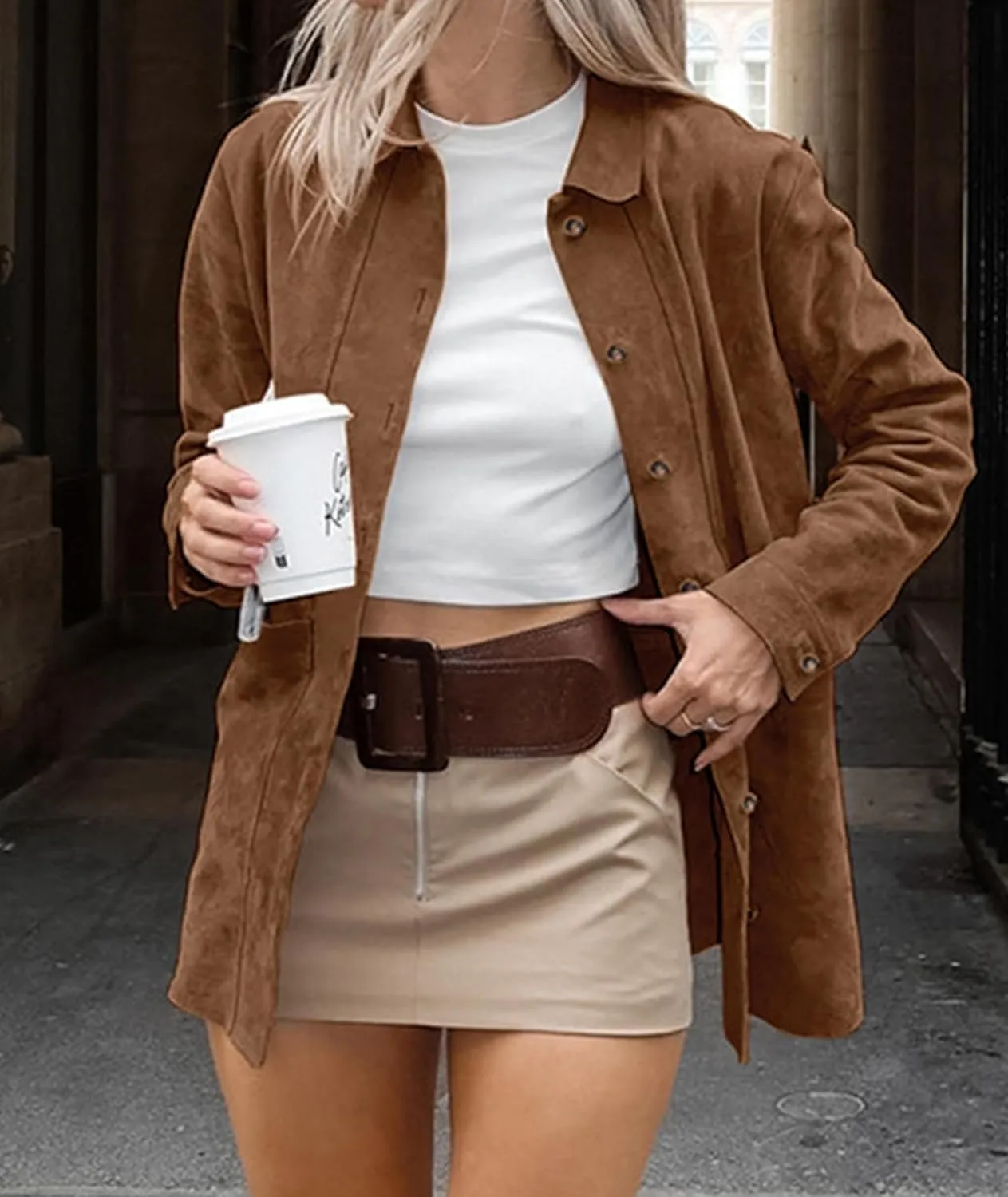 Sexyshine Women's Faux Suede Leather Jacket Lapel Long Sleeve Button Down Boyfriend Midi Length Shacket Coat