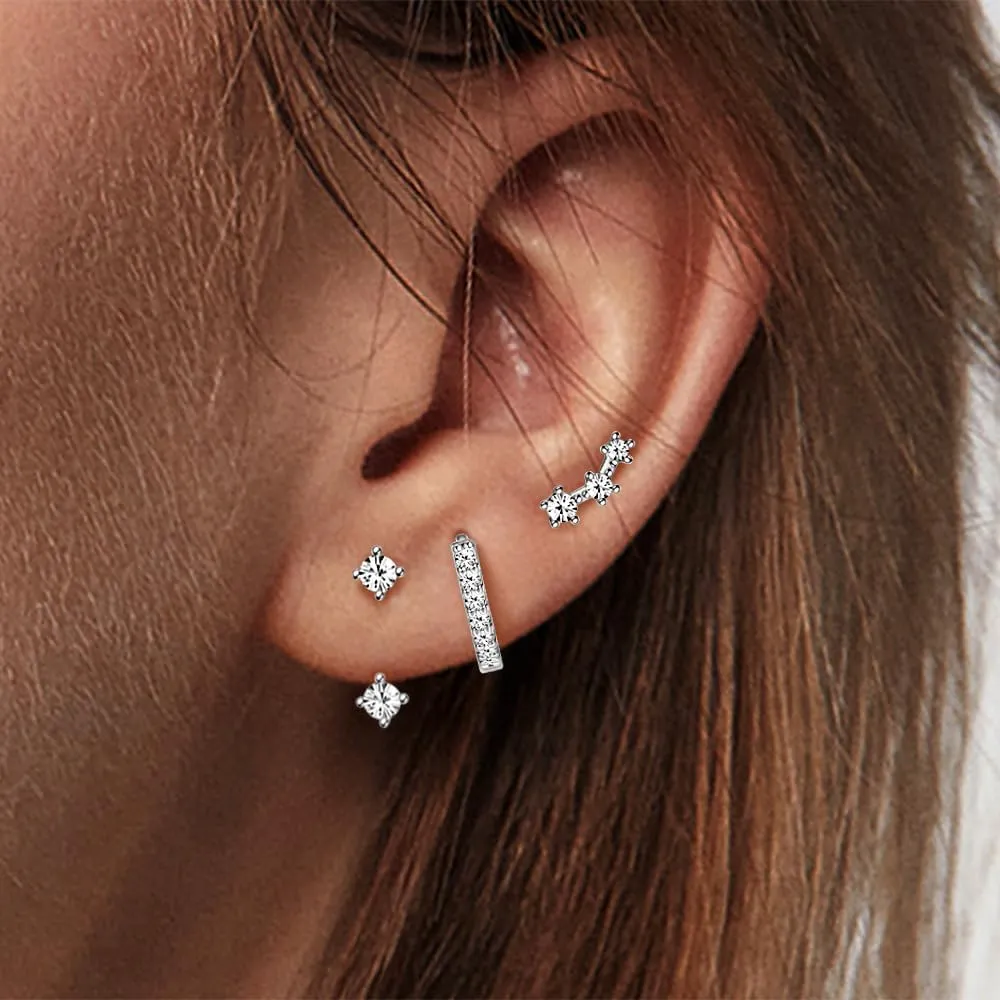 Shimmering Mini CZ Stud Earring Set for Multiple Piercings & Soft Cartilage: 3 Chic Designs for Women
