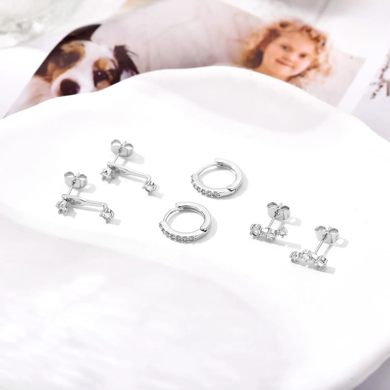 Shimmering Mini CZ Stud Earring Set for Multiple Piercings & Soft Cartilage: 3 Chic Designs for Women