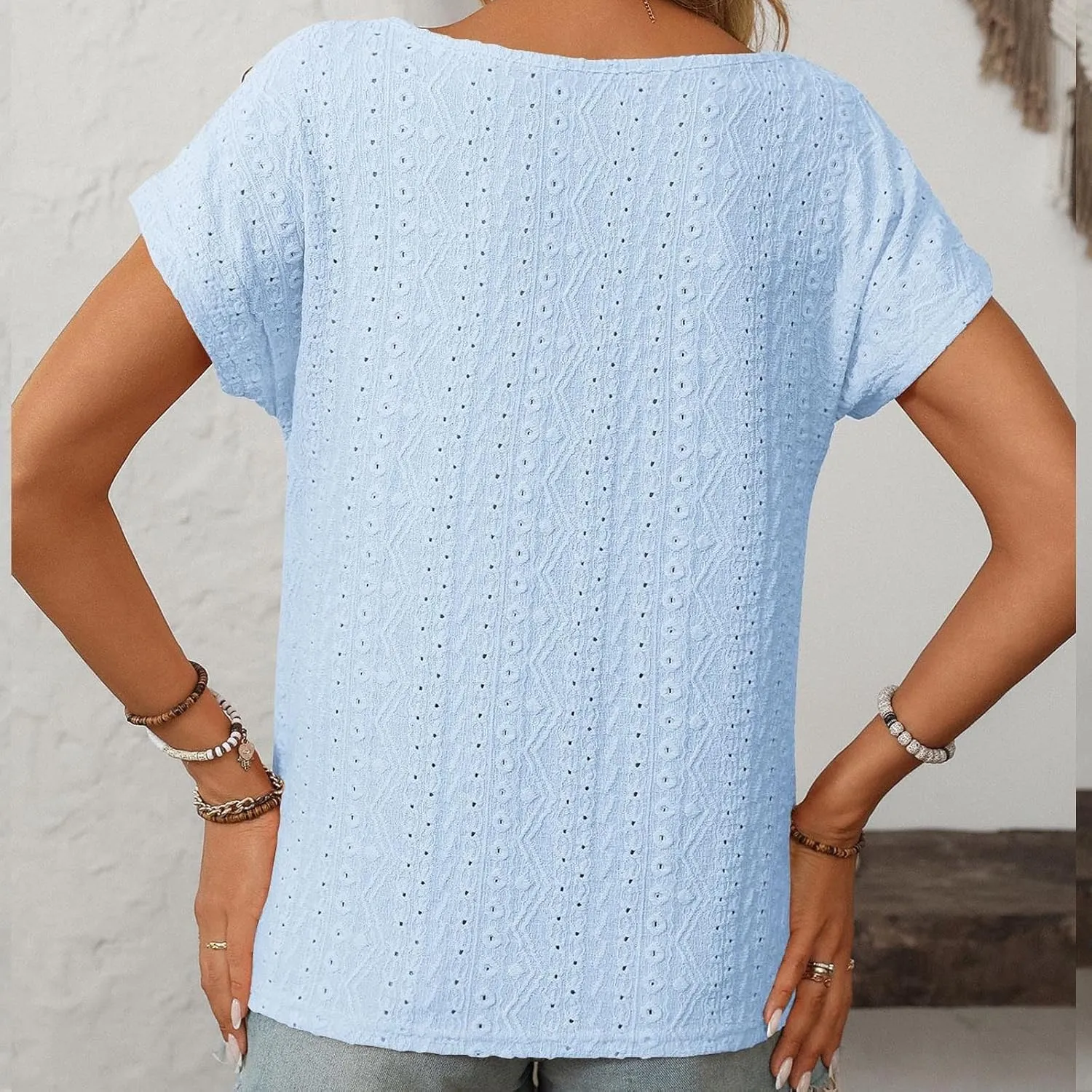 Short Sleeve Shirt Womens Round Neck Eyelet Embroidery Tee Blouse Hollow Out Going Out Basic Casual Loose Tops