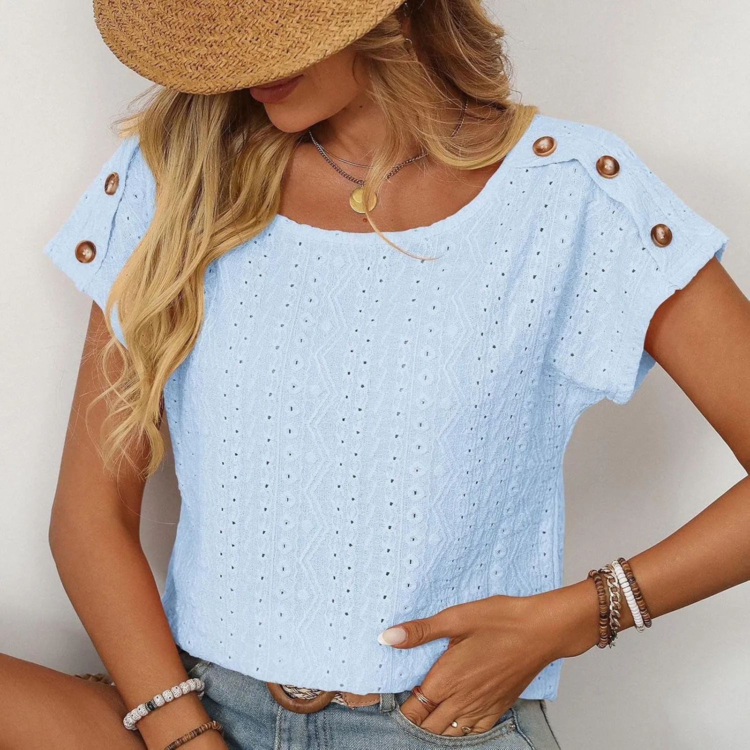 Short Sleeve Shirt Womens Round Neck Eyelet Embroidery Tee Blouse Hollow Out Going Out Basic Casual Loose Tops
