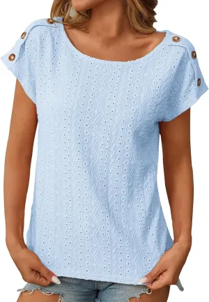 Short Sleeve Shirt Womens Round Neck Eyelet Embroidery Tee Blouse Hollow Out Going Out Basic Casual Loose Tops