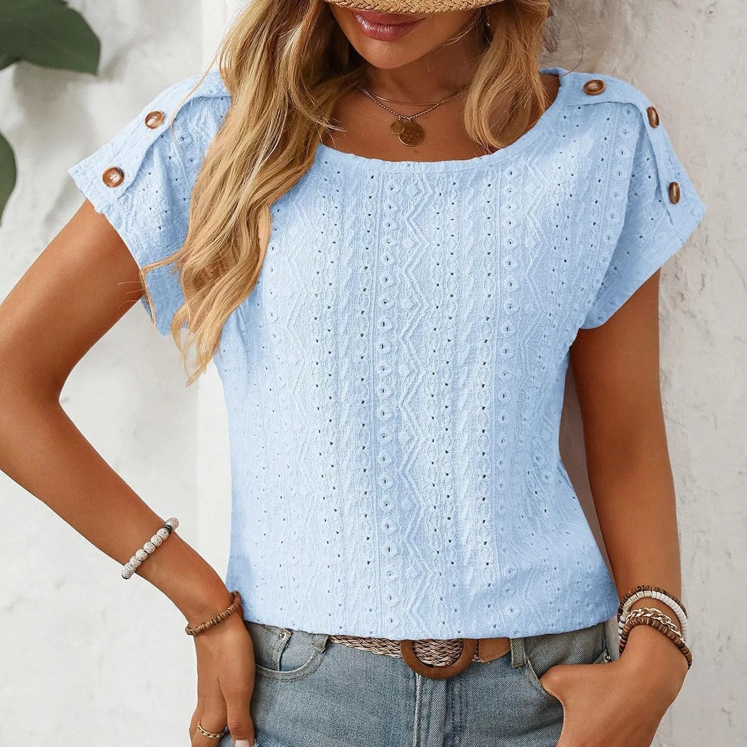 Short Sleeve Shirt Womens Round Neck Eyelet Embroidery Tee Blouse Hollow Out Going Out Basic Casual Loose Tops