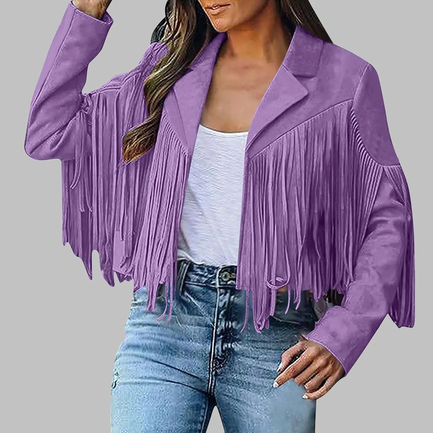 Sinzelimin Women's Crop Suit Jackets Fashion Tassels Cardigan Coat Faux Suede Leather Cowboy Style Long Sleeves Clubwear Coat