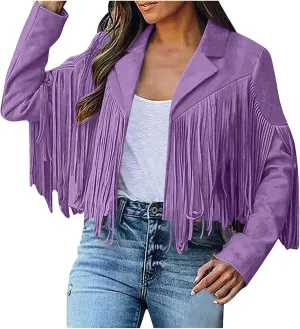 Sinzelimin Women's Crop Suit Jackets Fashion Tassels Cardigan Coat Faux Suede Leather Cowboy Style Long Sleeves Clubwear Coat