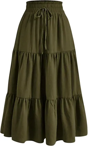 Skirts for Women Midi Length Floral Tiered Skirt Drawstring Summer Flowy Flowy Vacation A Line Skirt with Pockets