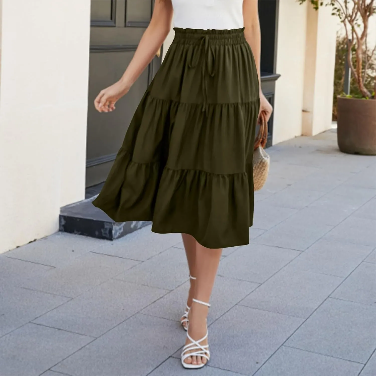 Skirts for Women Midi Length Floral Tiered Skirt Drawstring Summer Flowy Flowy Vacation A Line Skirt with Pockets