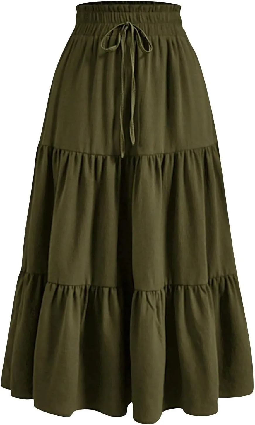 Skirts for Women Midi Length Floral Tiered Skirt Drawstring Summer Flowy Flowy Vacation A Line Skirt with Pockets