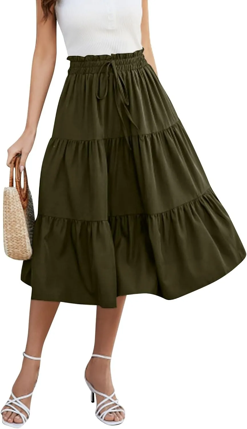 Skirts for Women Midi Length Floral Tiered Skirt Drawstring Summer Flowy Flowy Vacation A Line Skirt with Pockets