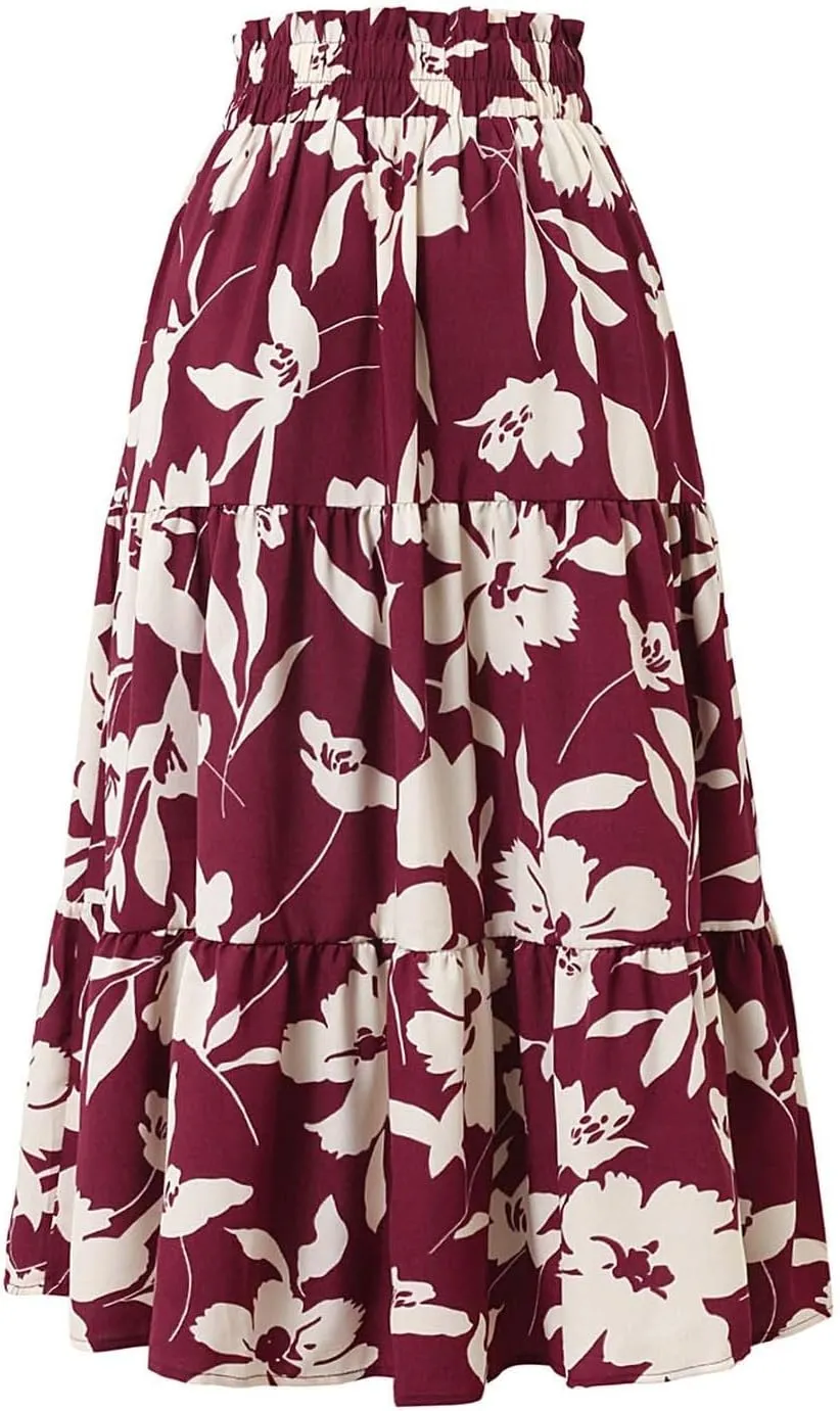 Skirts for Women Trendy Bohemian Floral Print Pleated High Elastic Waist A-Line Knee Length Boha Skirts Streetwear