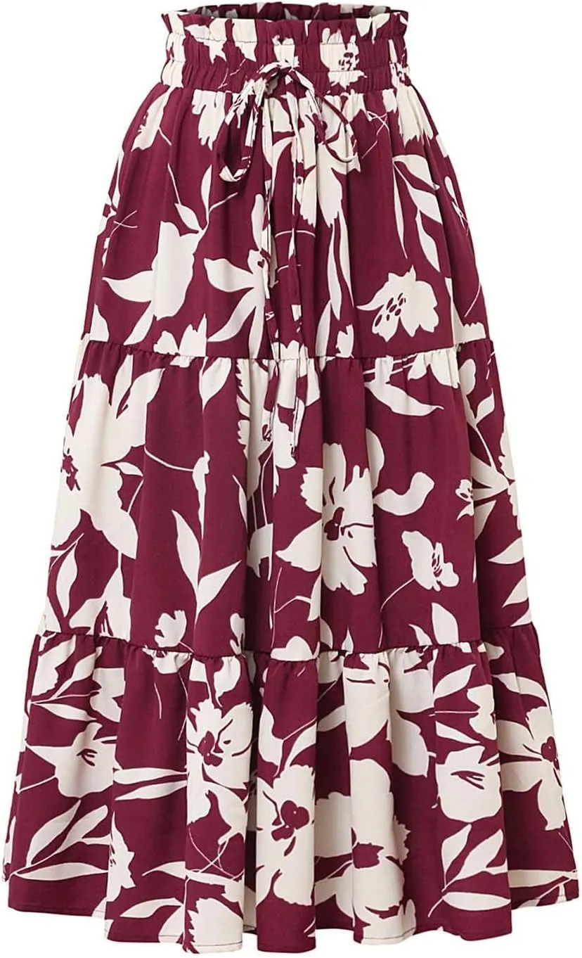 Skirts for Women Trendy Bohemian Floral Print Pleated High Elastic Waist A-Line Knee Length Boha Skirts Streetwear