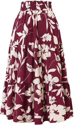 Skirts for Women Trendy Bohemian Floral Print Pleated High Elastic Waist A-Line Knee Length Boha Skirts Streetwear