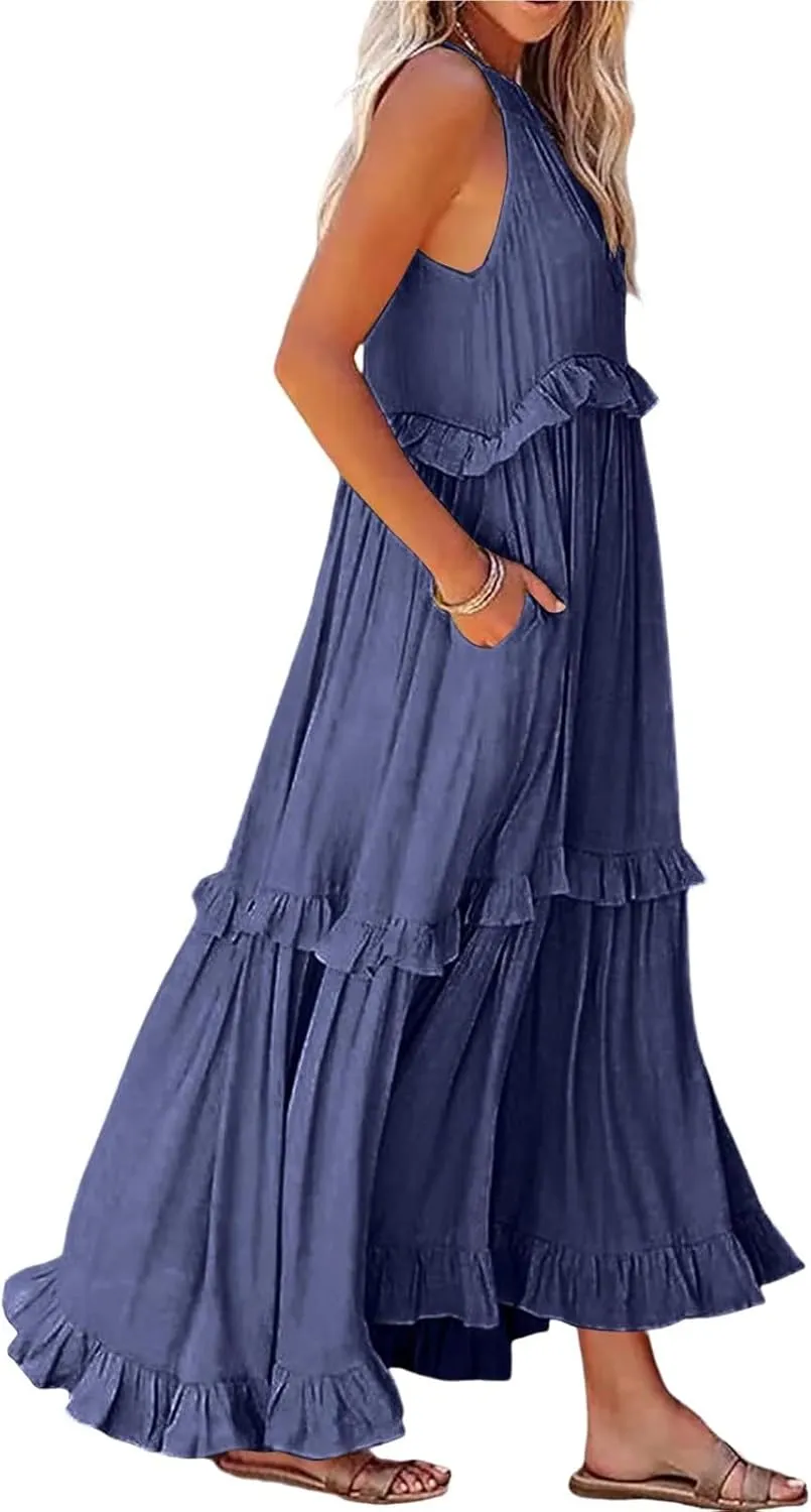 Smocked Halter Maxi Dress for Women Elegant Loose Flowy Tiered Ruffle Dress Summer Swing Beach Dresses with Pockets