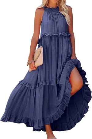 Smocked Halter Maxi Dress for Women Elegant Loose Flowy Tiered Ruffle Dress Summer Swing Beach Dresses with Pockets