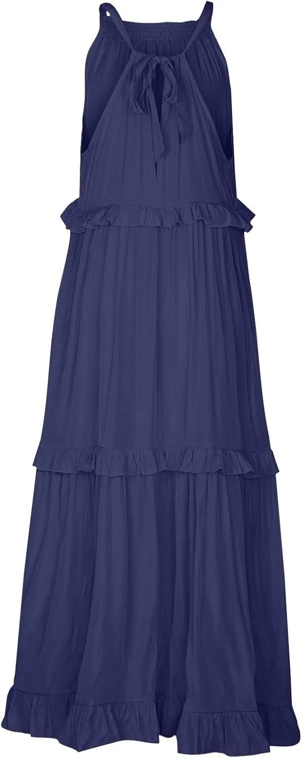 Smocked Halter Maxi Dress for Women Elegant Loose Flowy Tiered Ruffle Dress Summer Swing Beach Dresses with Pockets