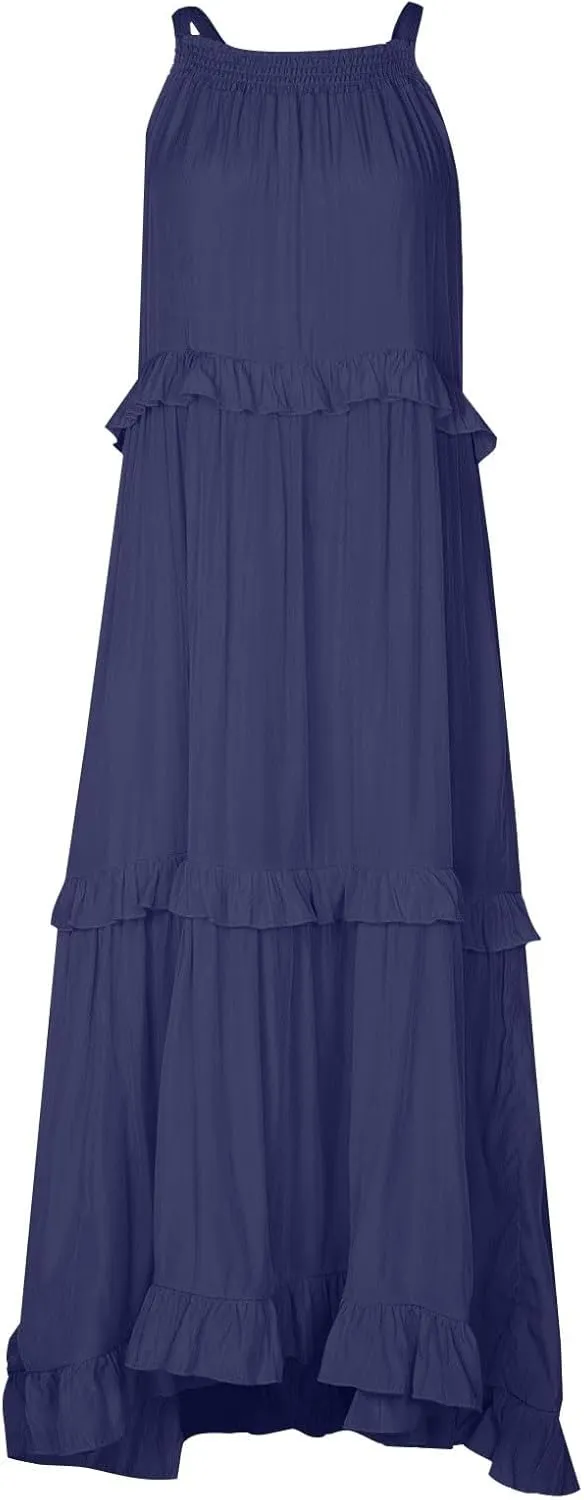 Smocked Halter Maxi Dress for Women Elegant Loose Flowy Tiered Ruffle Dress Summer Swing Beach Dresses with Pockets