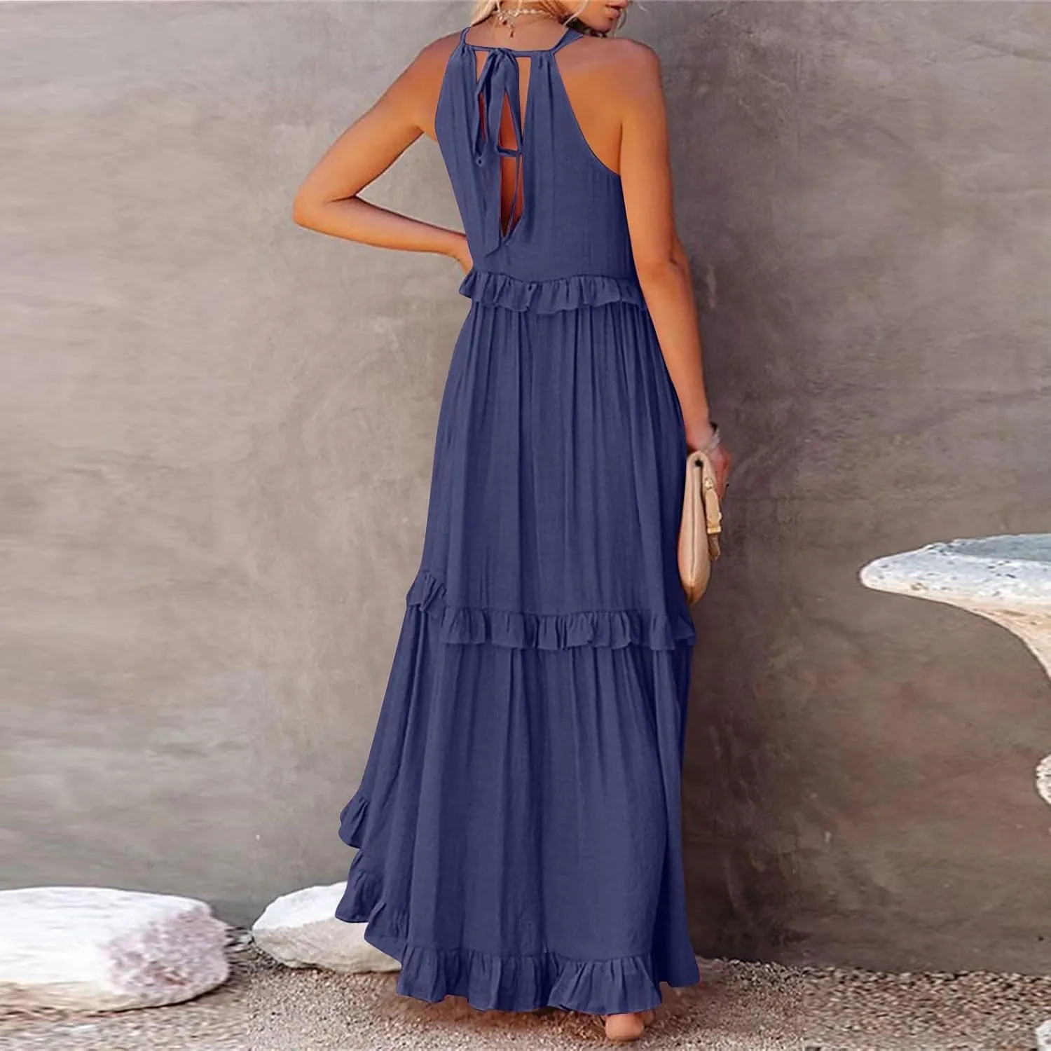 Smocked Halter Maxi Dress for Women Elegant Loose Flowy Tiered Ruffle Dress Summer Swing Beach Dresses with Pockets