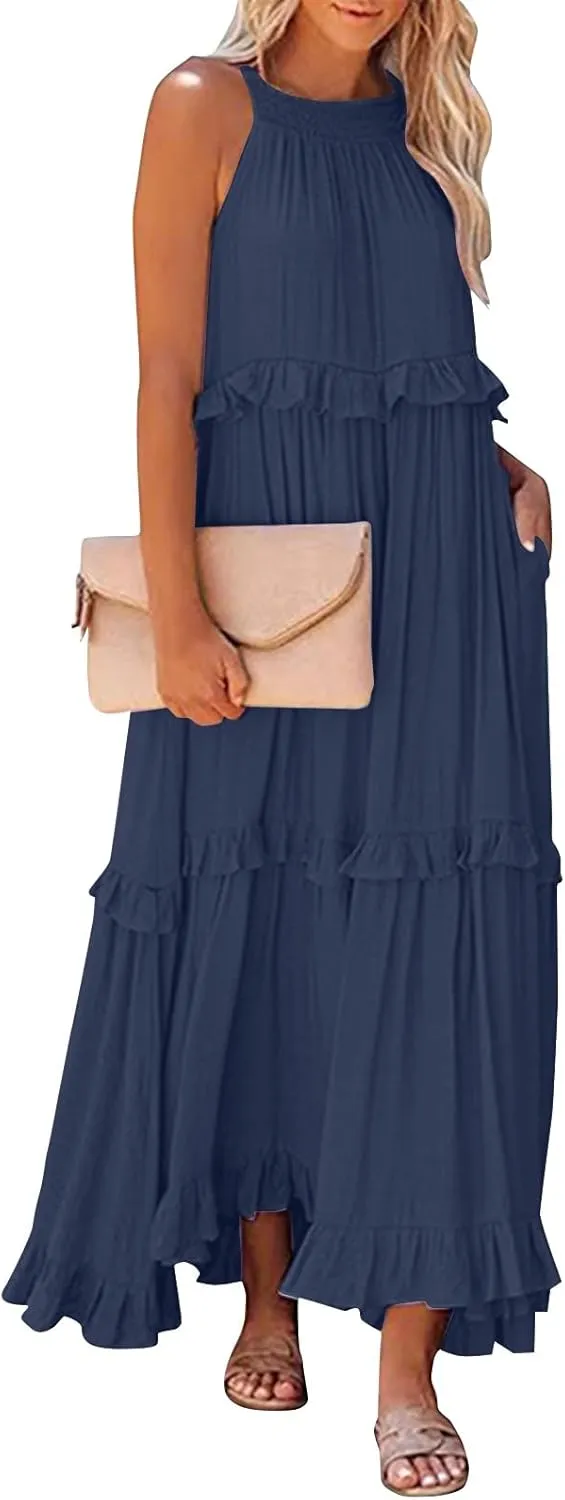 Smocked Halter Maxi Dress for Women Elegant Loose Flowy Tiered Ruffle Dress Summer Swing Beach Dresses with Pockets