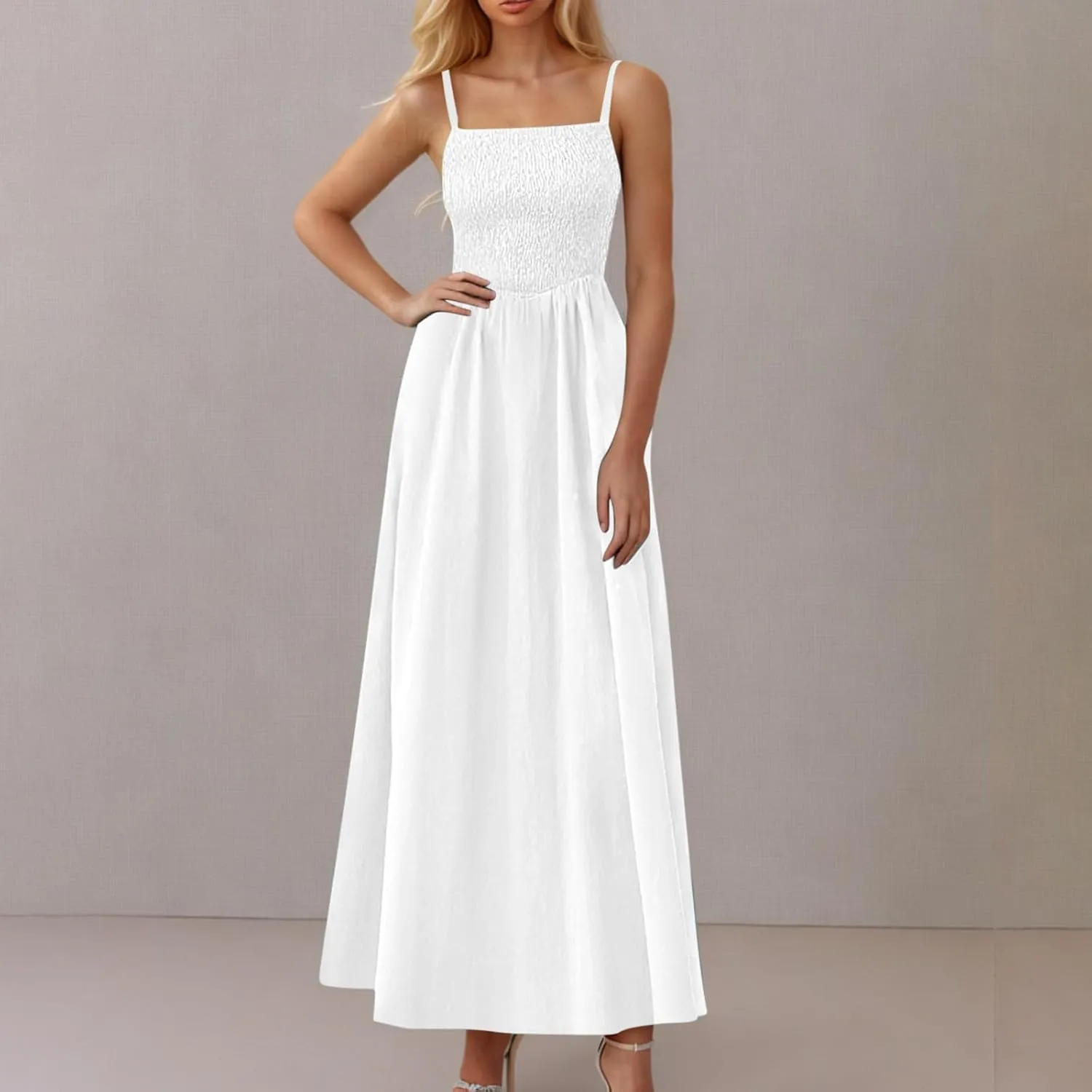 Smocked Maxi Dresses for Women Summer Beach Sundress Casual Spaghetti Strap Flowy A Line Swing Long Dress with Pockets
